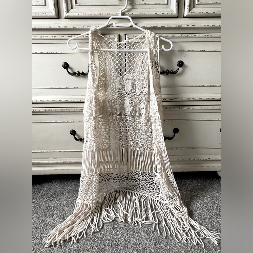 Garage 100% Cotton Crochet Fringe Vest Cream Boho Knit Cover-Up (S)